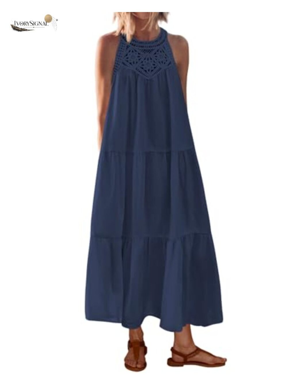 Halter Maxi Dress Cotton Blend Embroidered Sleeveless Beach Sundress